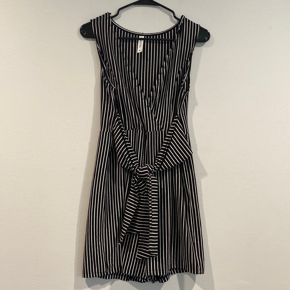 Tickled Teal Black and White Striped Romper with Tie - Size Medium